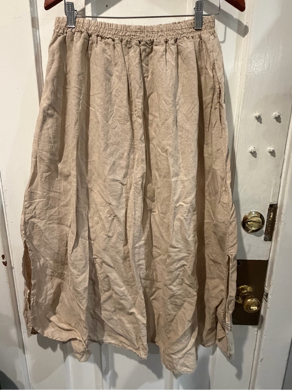 Beige Elastic-Waist Midi Skirt